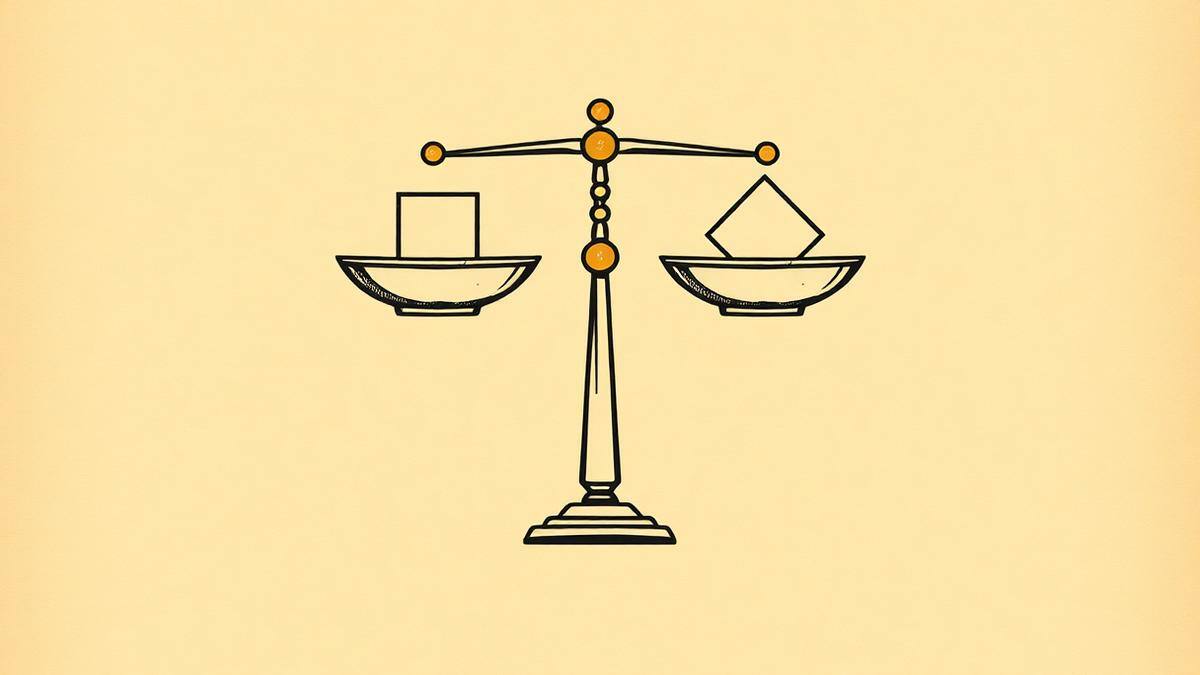 Flat vector graphic of a level beam resting on a narrow triangular pivot with two small discs in ink black on parchment