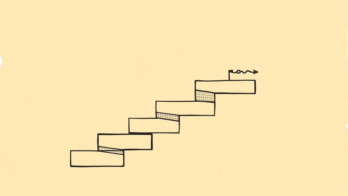 Flat vector graphic of four nested chevrons narrowing toward a single point in ink black and brass gold on parchment