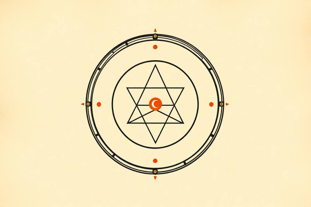 Flat vector graphic of two interlocking circles with aspect lines between them in ink black and brass gold on parchment