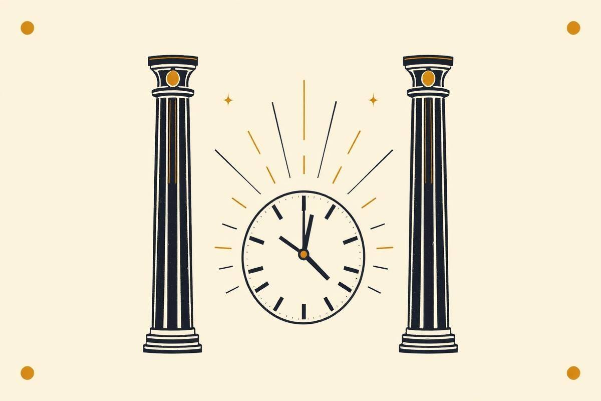 Flat vector graphic of four vertical bars forming eleven eleven inside a circle in ink black and brass gold on parchment