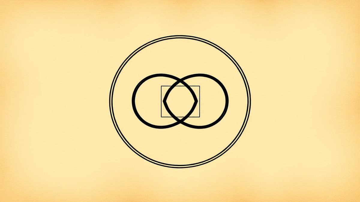 Flat vector graphic of two stacked circles forming a figure eight with a gold band across the join on parchment
