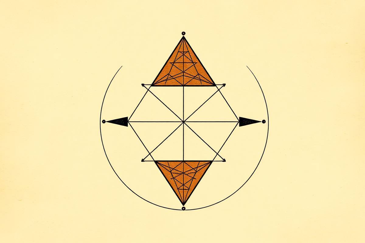 Flat vector graphic of four elemental triangles for fire, earth, air and water in ink black and brass gold on parchment