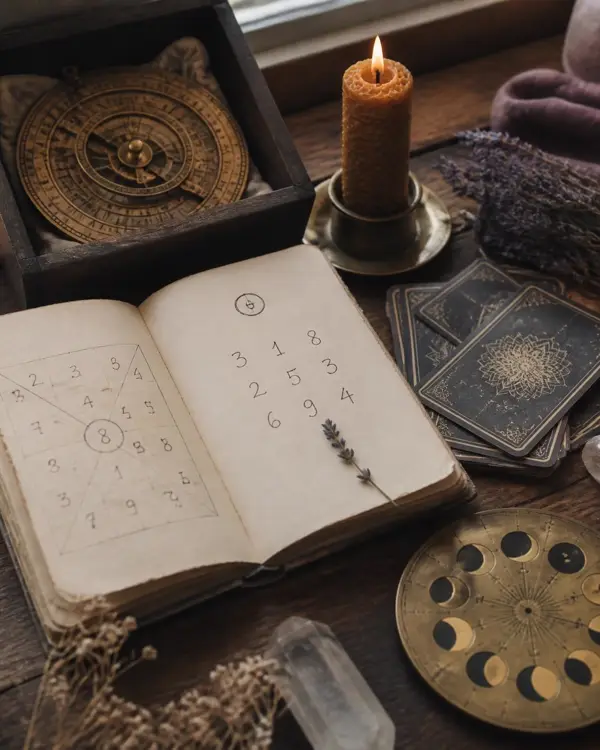 Numerology notebook, brass astrolabe, tarot deck, moon phase dial and a lit candle on a wooden desk