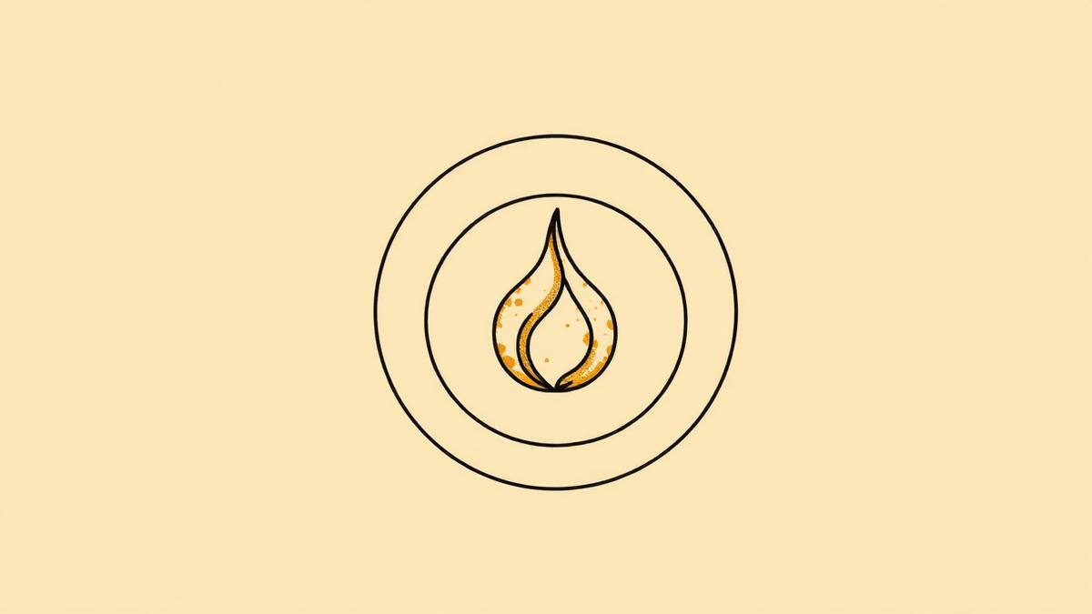 Flat vector graphic of a small flame drawn inside two thin concentric circles in ink black with a gold fill on parchment