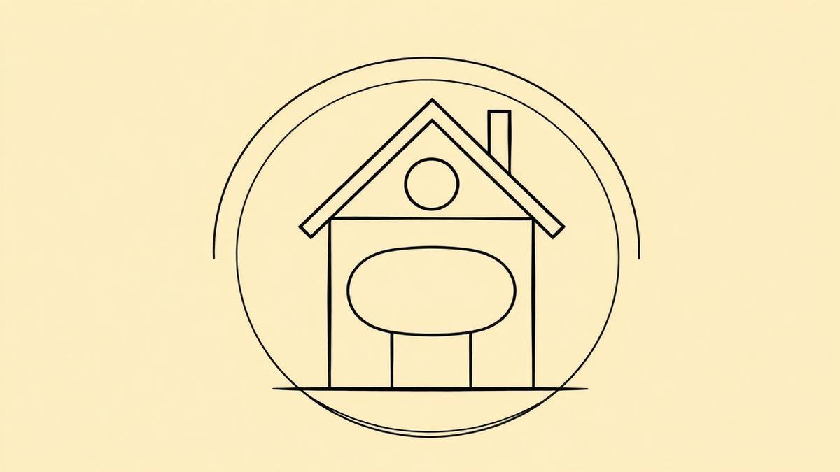 Flat vector graphic of a simple house outline containing a single door and a circular window in ink black on parchment