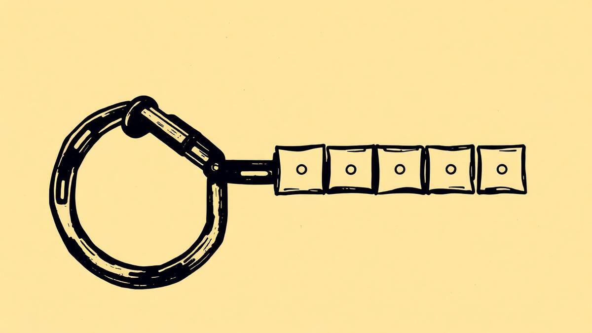 Flat vector graphic of a broken chain ring joined to a row of five square plates in ink black on parchment