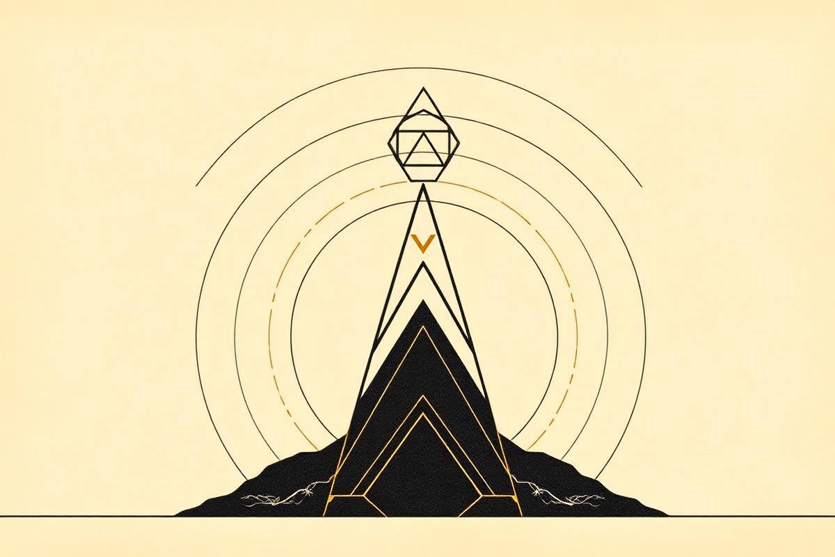 Flat vector graphic of three tall pillars marked eleven, twenty two and thirty three in ink black and brass gold on parchment