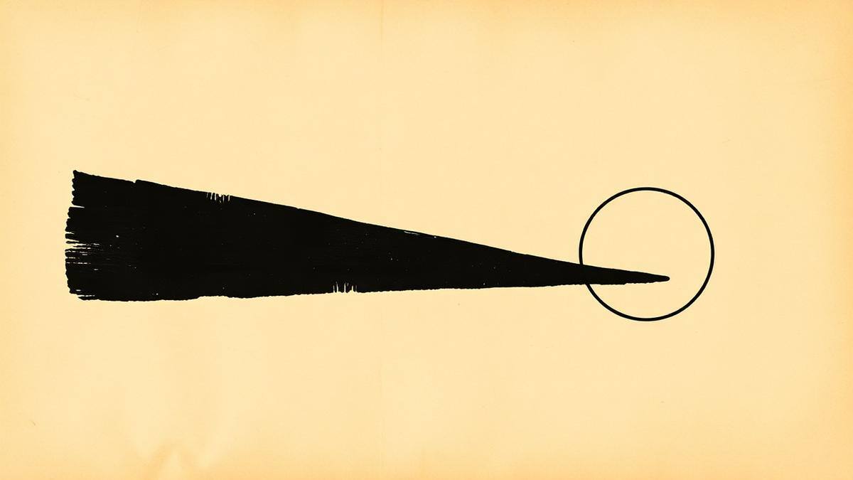 Flat vector graphic of a broad black wedge tapering to a fine point that meets an open circle on parchment