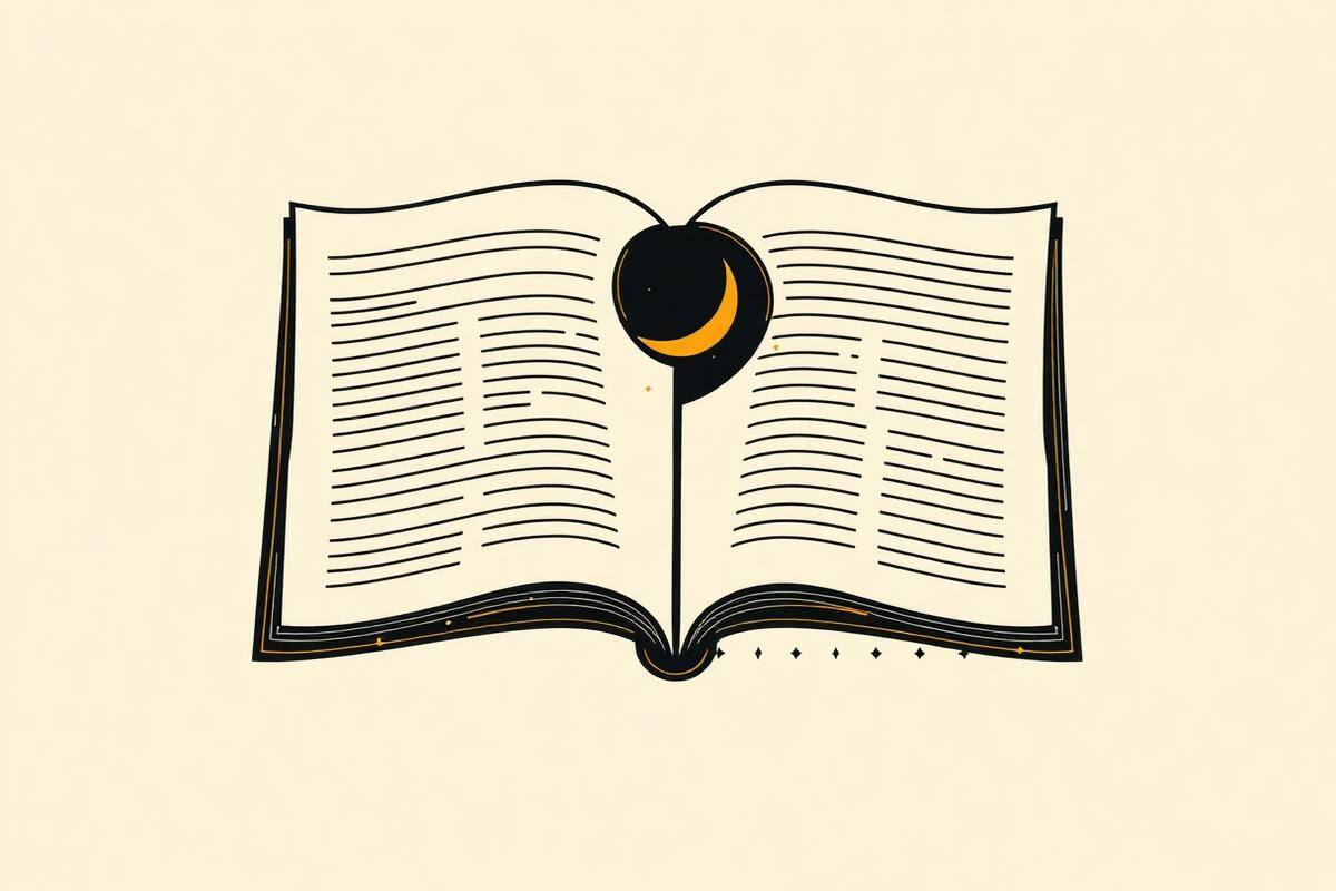 Flat vector graphic of a month grid with new moon and full moon markers in ink black and brass gold on parchment