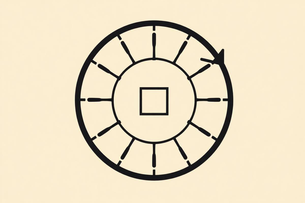 Flat vector graphic of a nine part circular cycle of numbered segments in ink black and brass gold on parchment
