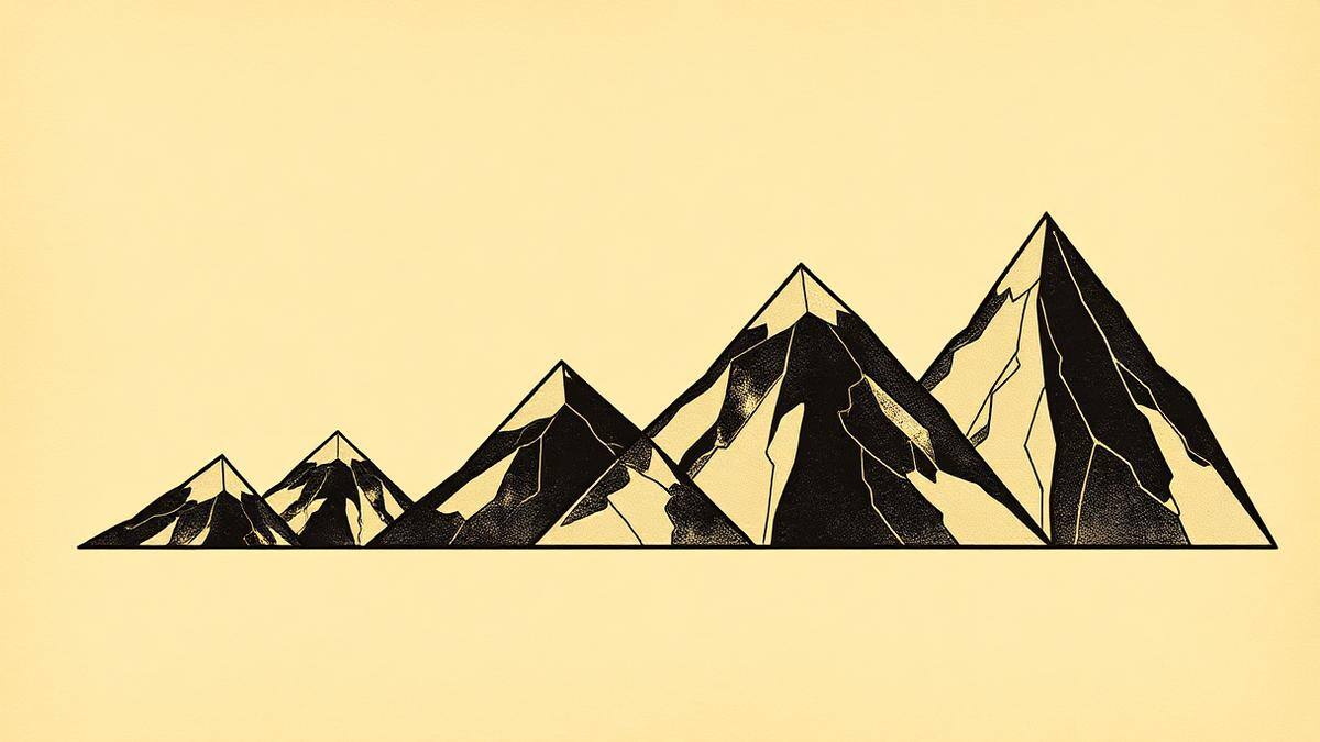 Flat vector graphic of four ascending triangular peaks of increasing height in ink black with one gold peak on parchment