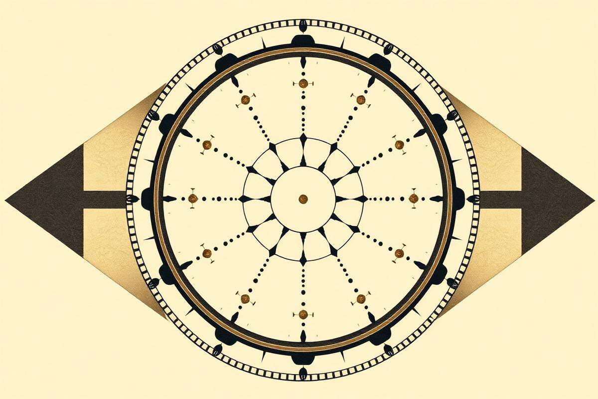 Flat vector graphic of a twelve segment zodiac wheel with month markers in ink black and brass gold on parchment