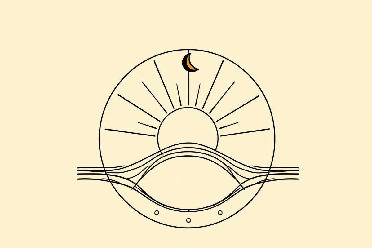 Flat vector graphic of three overlapping circles for sun, moon and rising sign in ink black and brass gold on parchment