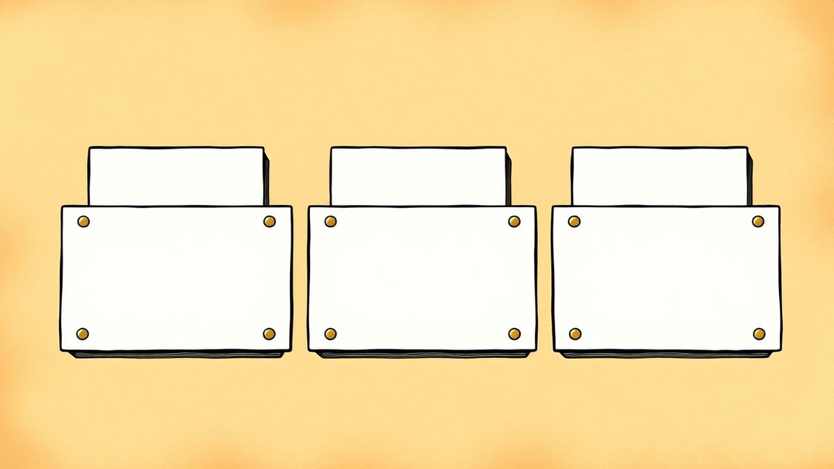 Flat vector graphic of three rectangular cards laid side by side with the middle one raised in ink black and gold on parchment