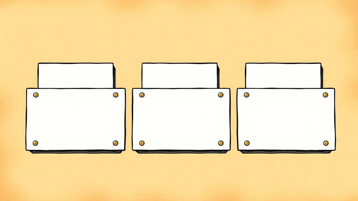 Flat vector graphic of three rectangular cards laid side by side with the middle one raised in ink black and gold on parchment