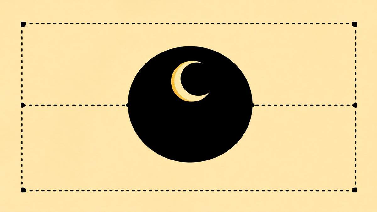 Flat vector graphic of a crescent moon separated from a row of small dots by a dashed arc in ink black on parchment