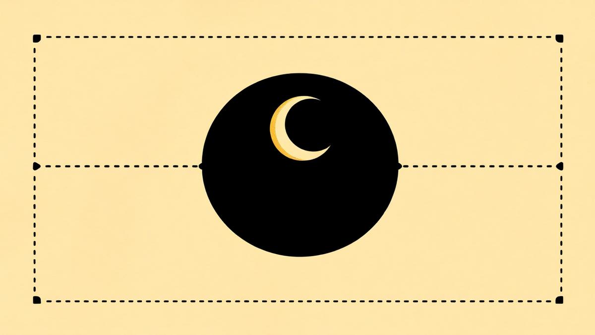 Flat vector graphic of a crescent moon separated from a row of small dots by a dashed arc in ink black on parchment