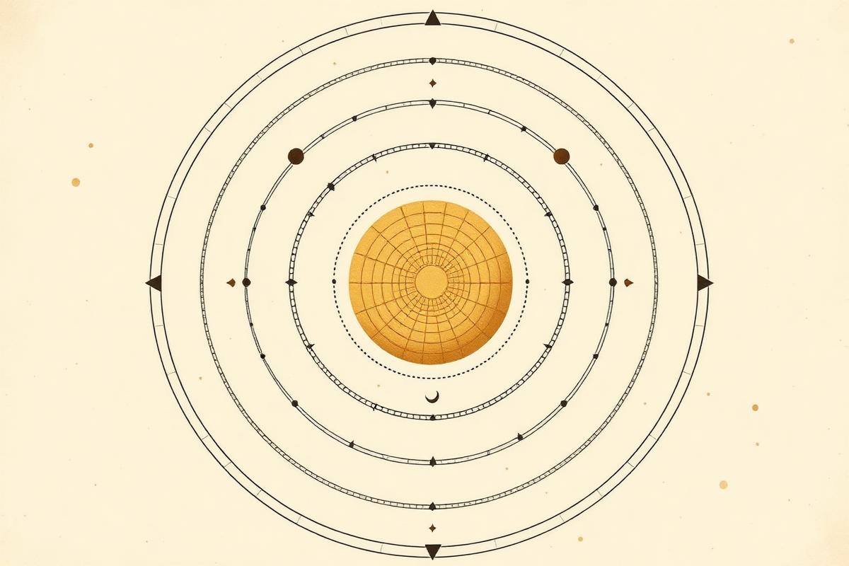 Flat vector graphic of a twelve step ascending timeline of geometric blocks in ink black and brass gold on parchment
