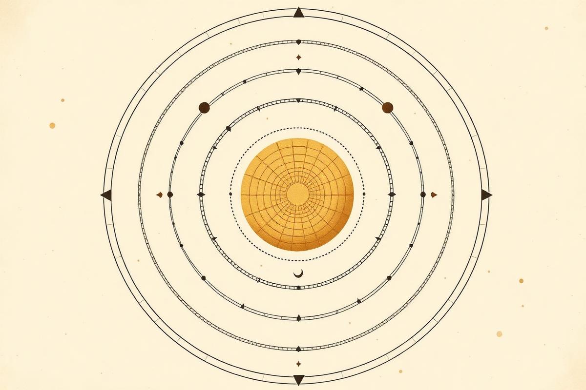 Flat vector graphic of a twelve step ascending timeline of geometric blocks in ink black and brass gold on parchment